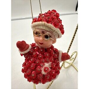 Vintage Flocked Mrs. Santa Claus 3.5" Beaded Sequined Felted Christmas Ornament
